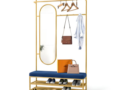 Kleiderständer mit Bank Spiegel und doppeltem Schuhregal mit goldenen Details