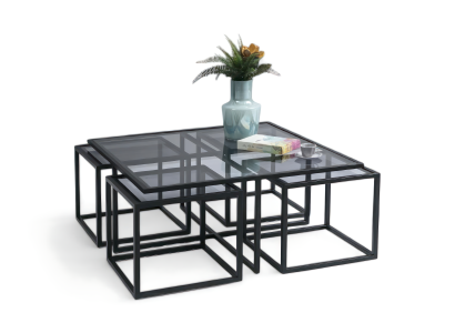 Couchtisch und 4 Beistelltische im Loft-Stil mit schwarzem Metallrahmen