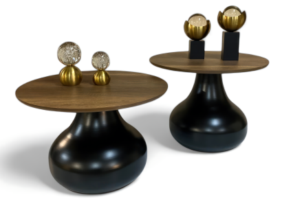 Wunderschönes Tisch-Set mit massiver Holzoberfläche und skulpturaler Fußform