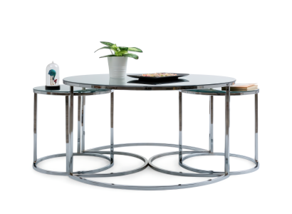 Kunstvoller Couchtisch mit zwei Anbautischen, runder Platte und klarem Design