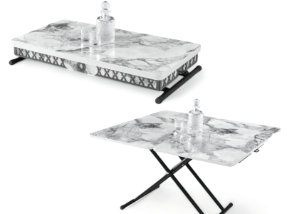 Esstisch mit klappbarer Metallkonstruktion und dekorativer Marmorplatte