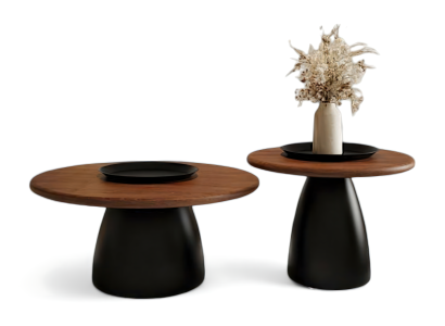 Beistelltische mit kontrastreichem dunklem Holz und matter schwarzer Basis