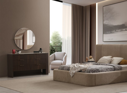 Schlafzimmer-Set Beiges Polsterbett Brauner Schminktisch Spiegel