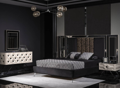 Schlafzimmer Komplettes Bett 2x Nachttische Kommode mit Spiegel Schwarz