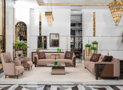 Elegante Wohnzimmer Couchgarnitur 2x Textilsofas 2x Tische Sessel