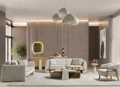 Wohnzimmer Weiß-Beige Polstergarnitur 2x Sofas Textilsessel Tische