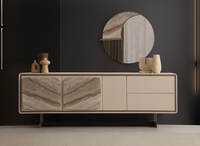 Modernes Beiges Sideboard Designer Rundspiegel Edle Holzmöbel 2tlg