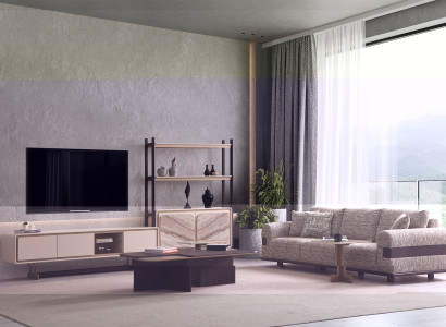 Beige Wohnzimmer Sitzgarnitur TV-Ständer Couchtisch Polstersofa