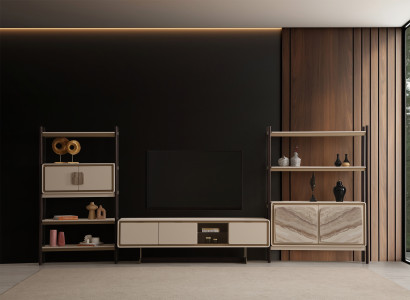 Beiges Wohnzimmer TV-Lowboard Designer Holz Bücherregale -3tlg.