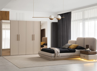 Designer Schlafzimmer Möbel Beiges Polsterbett Nachttische Schrank