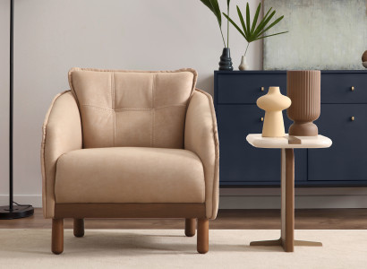 Modernes Wohnzimmer Set Designer Beiger Sessel Holz Beistelltisch