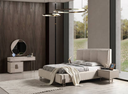 Beiges Luxuriöses Schlafzimmer Set Polsterbett Holz Schminktisch