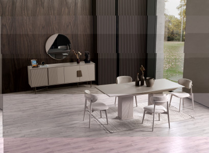 Beige Esszimmer Garnitur Holztisch 6x Polsterstühle Konsole Spiegel