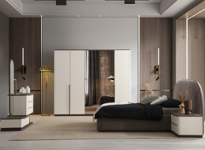 Moderne Garnitur Polsterbett Kleiderschrank Schminktisch Nachttische