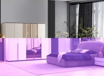 Zweifarbige Schlafzimmer Garnitur Textilbett Nachttische Schrank