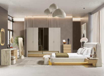 Bett Beige Nachttische Kleiderschrank Schminktisch mit Spiegel Kommode Spiegel