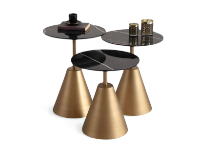 Beistelltische mit schwarzer runder Tischplatte und kegelförmigem Sockel