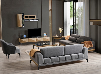 Designer Wohnzimmer Garnitur Polstercouch Textilsessel Holztisch