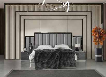 Elegante Graue Schlafzimmer Garnitur Edles Polsterbett Nachttische