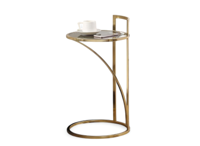 Filigraner Beistelltisch mit geschwungenem Metallgestell und Glasplatte