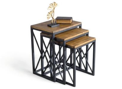 Geometrische Anbautische mit schwarzem Metallgestell und Holzplatte