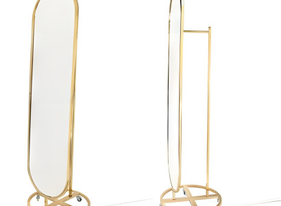 Ovaler Standspiegel in goldenem Metallrahmen auf rundem Sockel mit Rollen