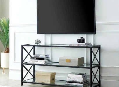Offener TV-Lowboard aus Glas mit stabilem Metallgestell in rechteckiger Form