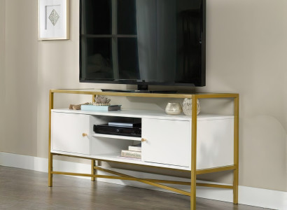 Weißer TV-Lowboard in rechteckiger Form mit integriertem offenem Mittelfach