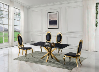 Rechteckiger Esstisch mit schwarzer Platte auf goldenem X-förmigem Gestell