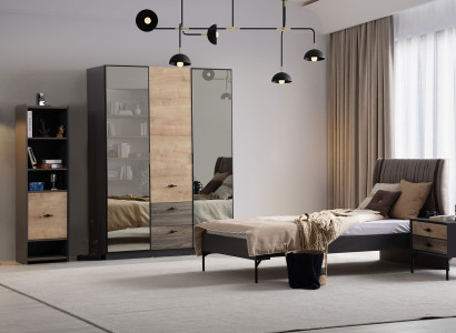 Komplettes Braunes Schlafzimmer Set Textilbett Holzschrank Regal