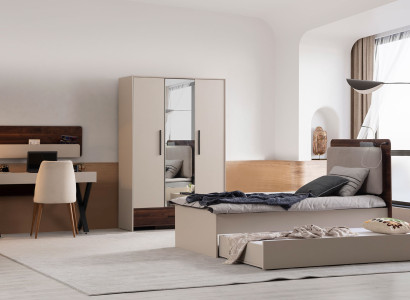 Elegante Beige Schlafzimmer Garnitur Textilbett Holztisch Schrank