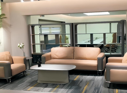 Moderne 3+1+1 Ledergarnitur in Beige-Grau für Büro oder Lounge