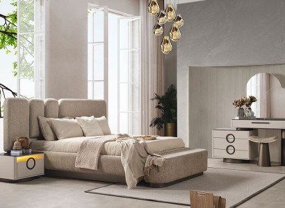 Beige Schlafzimmer Set: Bett mit 2 Nachttischen – Luxuriöse Möbel