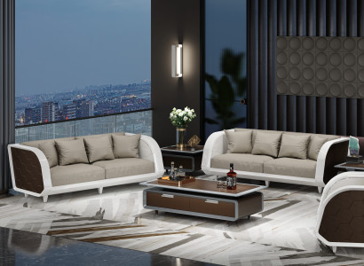 Modernes 3+3 Stoffsofa-Set in Grau-Weiß für Büro oder Wohnzimmer