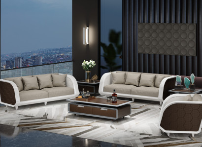 Elegantes Stoffsofa-Set 3+3+1 in Weiß-Grau für Büro oder Lounge