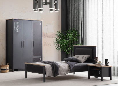 Graues Jugendzimmer-Set Luxuriöses Einzelbett Nachttisch Holzschrank
