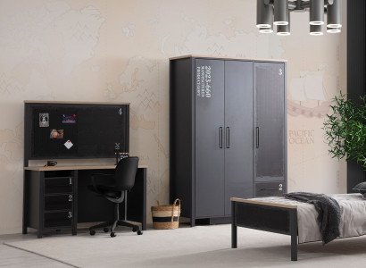 Graue Schlafzimmer Garnitur Designer 3-türiger Schrank Schreibtisch