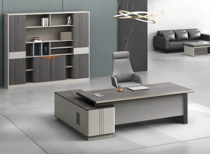 Eleganter Eckschreibtisch mit Vitrinenschrank für modernes Büro