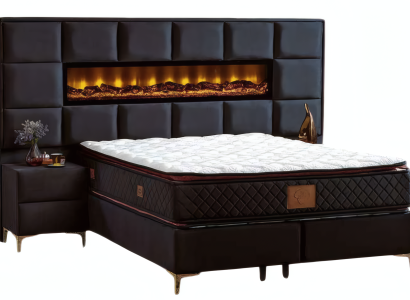 Schwarzes 3-teiliges Schlafzimmer Set mit Bett, Nachttischen und Dekokamin