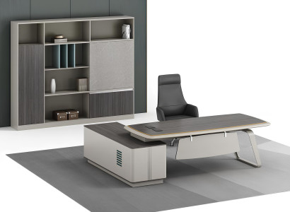 Moderner und funktionaler Vitrinenschrank mit Eckschreibtisch.