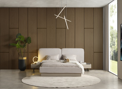 Beige Schlafzimmer Set: Bett mit 2 Nachttischen – Modernes Design