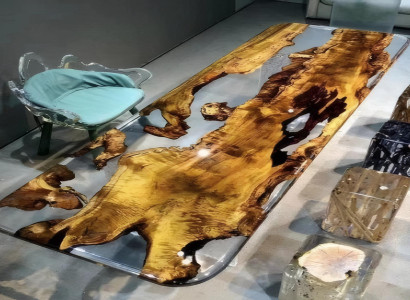 Luxus Epoxidharztisch Transparent Goldakazie Modern Tisch für das Esszimmer