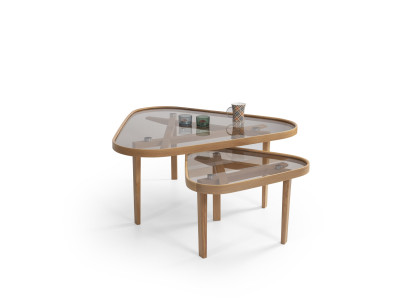 Minimalistische Beistelltische mit Glasplatte und Holzgestell dreieckige Form