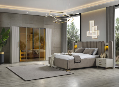 Schlafzimmer luxuriöse Bett 2x Nachttische Hochwertig Möbel Kleiderschrank