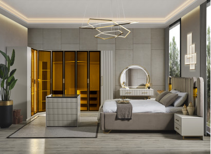 Schlafzimmer Beige Bett 2x Nachttische Kommode Schrank Schminktis Spiegel