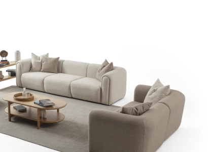 Stilvolle Couchgarnitur Beiger Dreisitzer Holzgestell Textilsofas