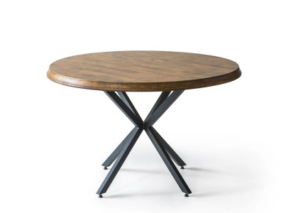 Esstisch mit runder Holzplatte auf einem metallenen X-förmigen Untergestell