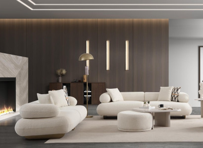 Elegantes Beiges Wohnzimmer Set Stoffsofa Polsterhocker Couchtisch