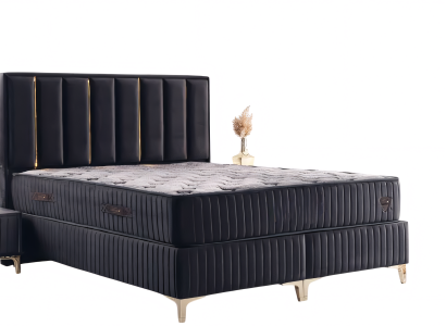 Exquisites Bett mit vertikal gestepptem Kopfteil komplett mit Nachttisch