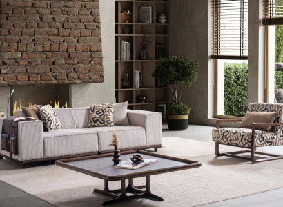 Modernes beiges 3-Sitzer-Sofa und Sessel aus hochwertigem Stoff